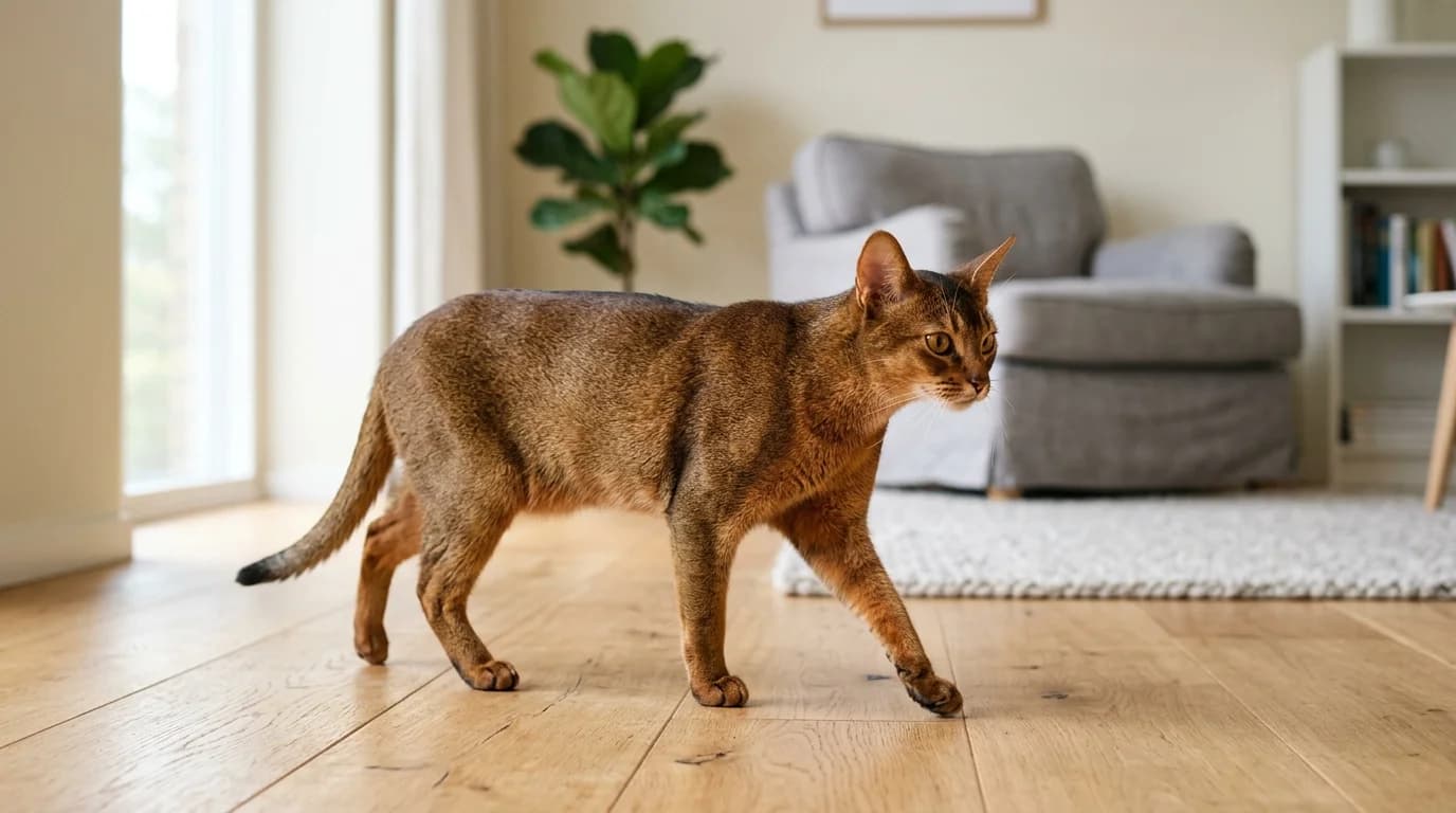 Abyssinian cat walking on wooden floor in bright Scandinavian living room
