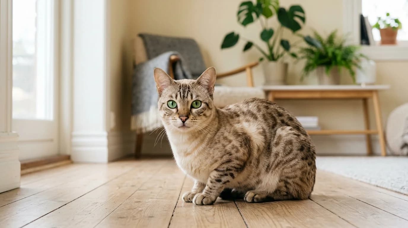 Australian Mist cat in Scandinavian home setting