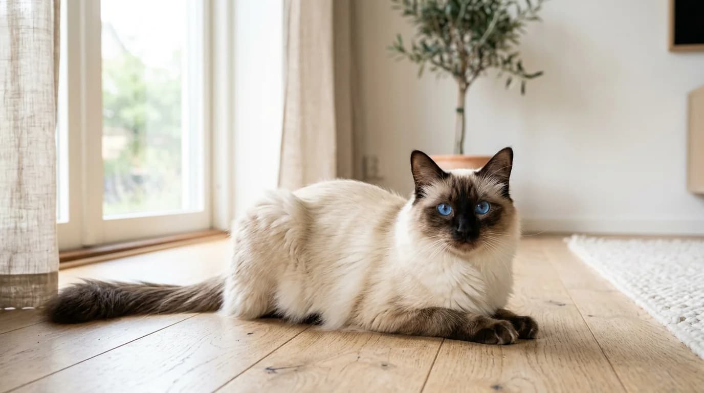 Balinese cat in Scandinavian home setting