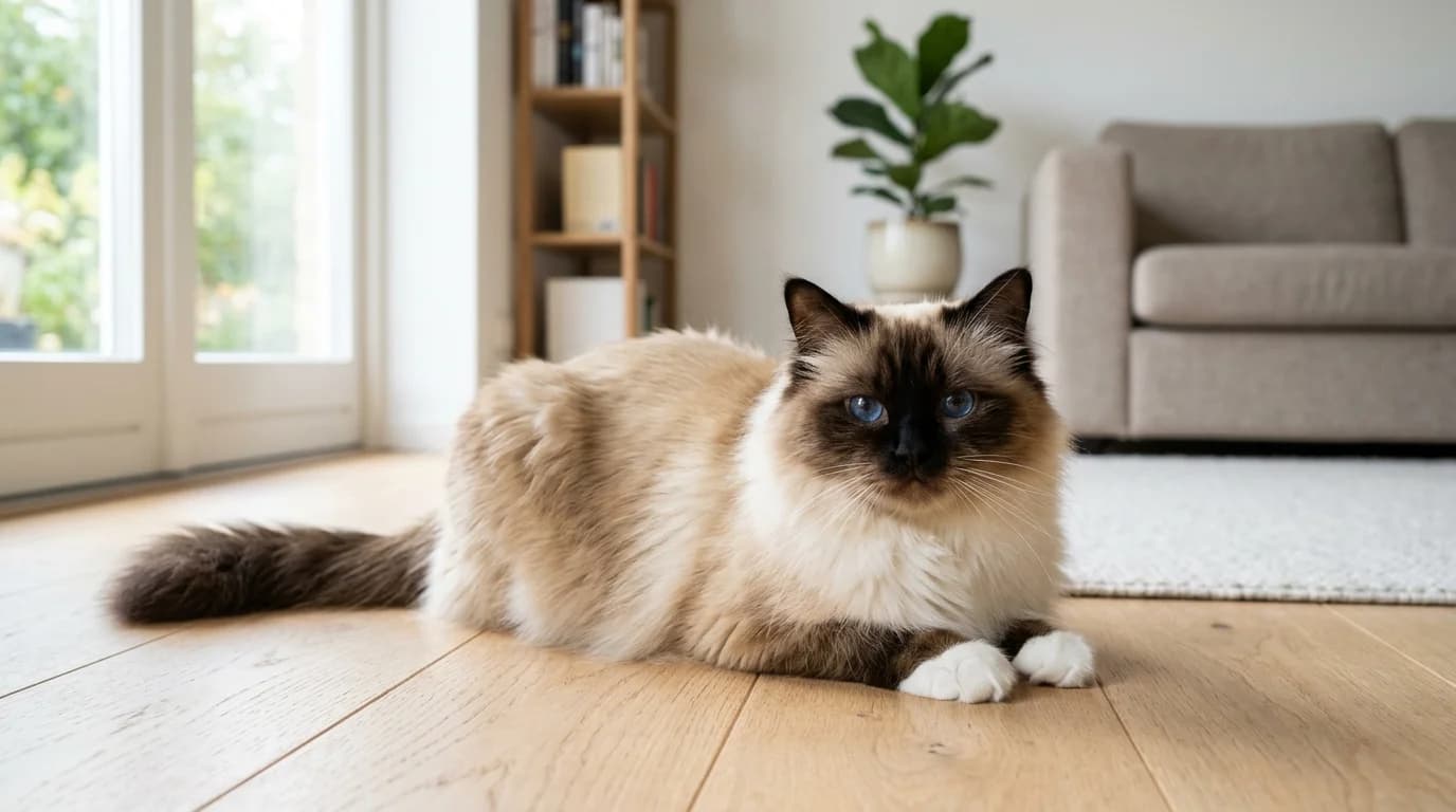 Birman cat resting in bright Scandinavian home with silky coat and white gloved paws