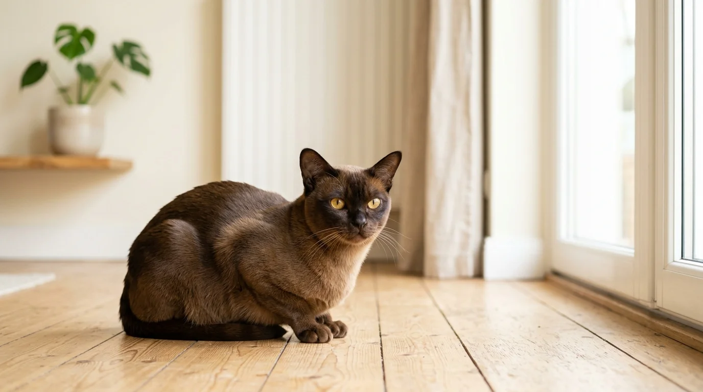 Burmese cat with satin sable coat sitting on wooden floor in Scandinavian home