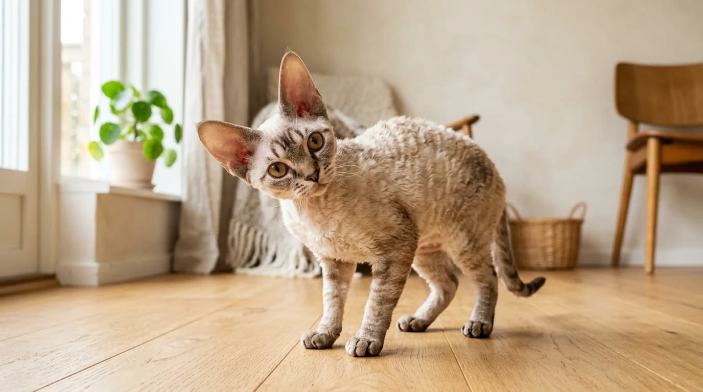 Devon Rex cat in Scandinavian home setting