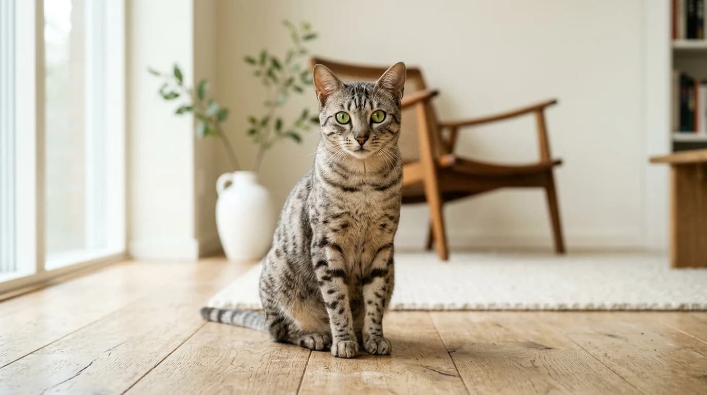 Egyptian Mau cat in Scandinavian home setting