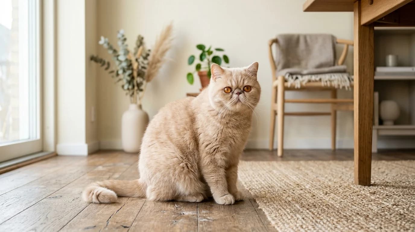 Exotic Shorthair cat sitting on wooden floor in Scandinavian living room