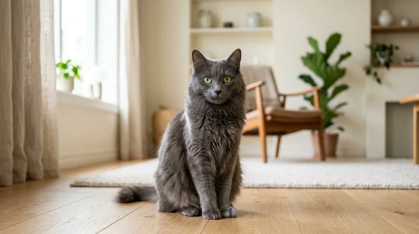 Nebelung cat in Scandinavian home setting