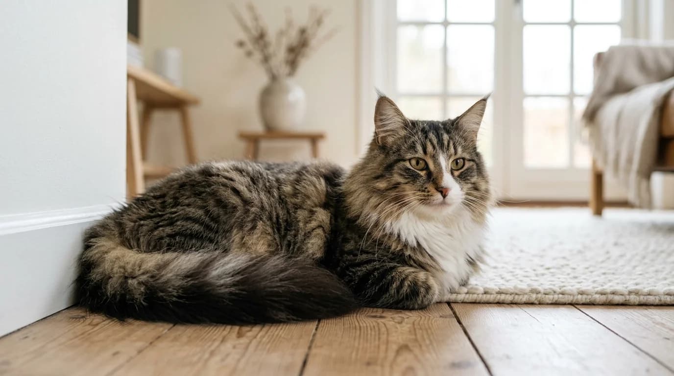 Norwegian Forest Cat sitting on wooden floor in Scandinavian home with natural window light