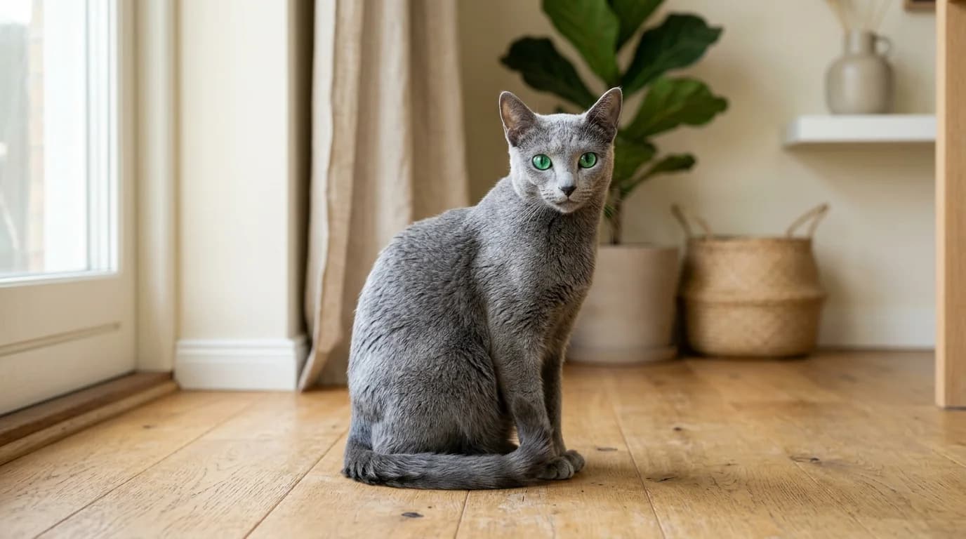 Russian Blue cat in Scandinavian home setting