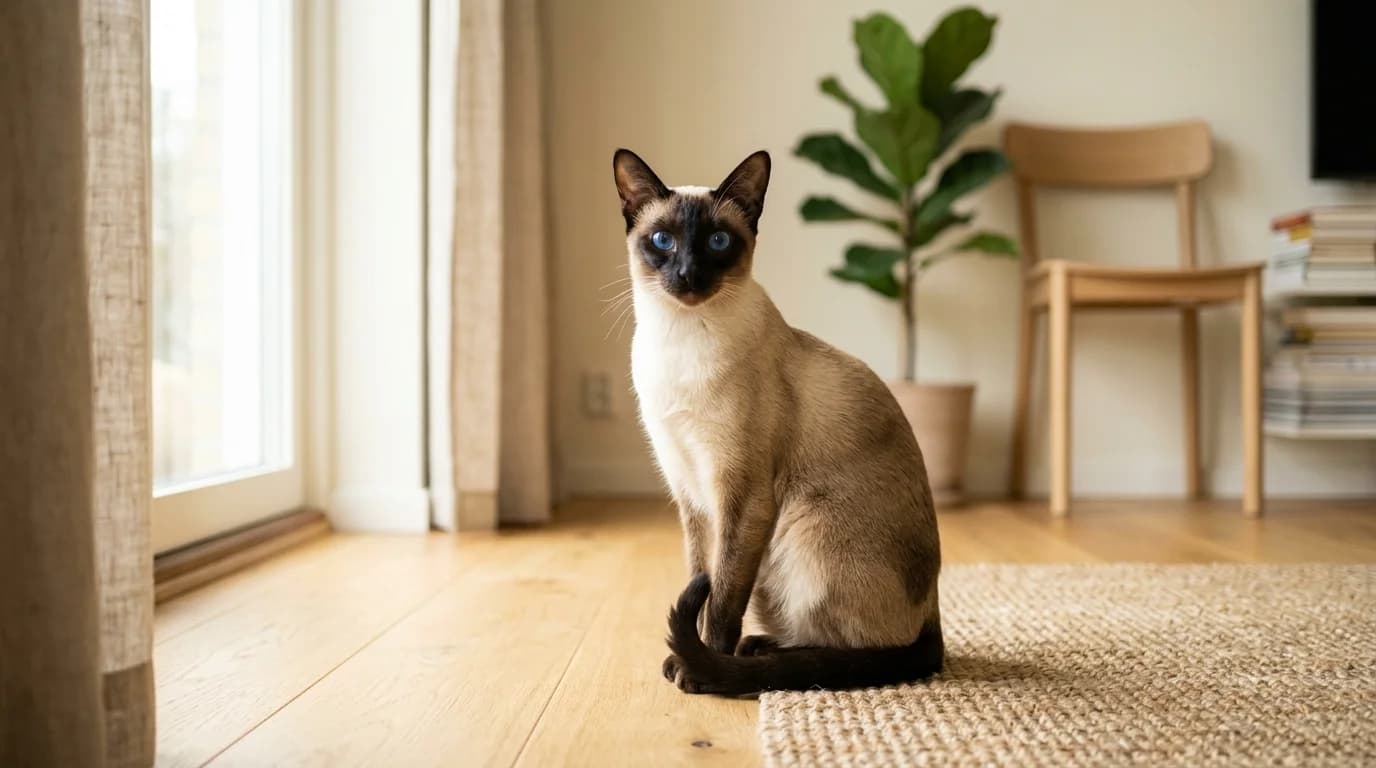 Siamese cat sitting in bright Scandinavian home with classic seal point markings and blue eyes