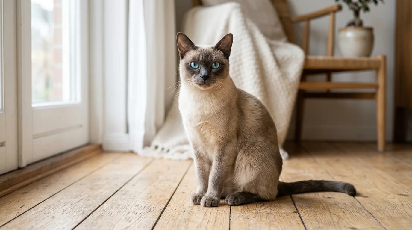 Tonkinese cat in Scandinavian home setting