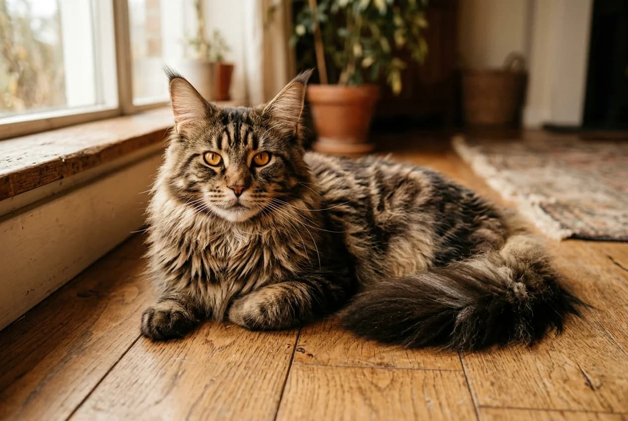 A majestic brown tabby Maine Coon cat lounging on a wooden floor in warm window light, showing its long fluffy fur, tufted ears and bushy tail